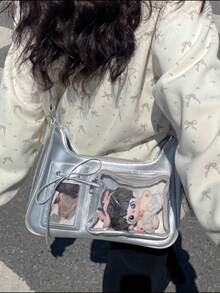 Japan's New Y2K Fashion Shopping Casual Simple Street Commuting Large-Capacity Girls' College Oil Wax Leather Transparent Badge Pain Bag Multi-Functional Shoulder Bag Cross-Body Bag, Can Put Grain, Can Hang Key Chains, Can Put Postcards, Can Participate In Comic Exhibitions, Can Participate In Parties, Can Give To Friends, Can Be One-Shoulder Back - Silver - View 3