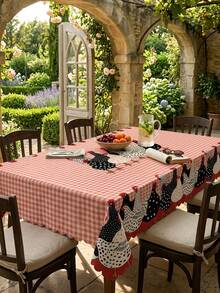 1 pieza Mantel de mesa con estampado de pollo a cuadros rojos, estilo rústico de granja y país, de poliéster ovalado con patrón de gallo y gallina blanco y negro, mantel a cuadros para picnic, mantel decorativo para comedor - Multicolor - Ver 8