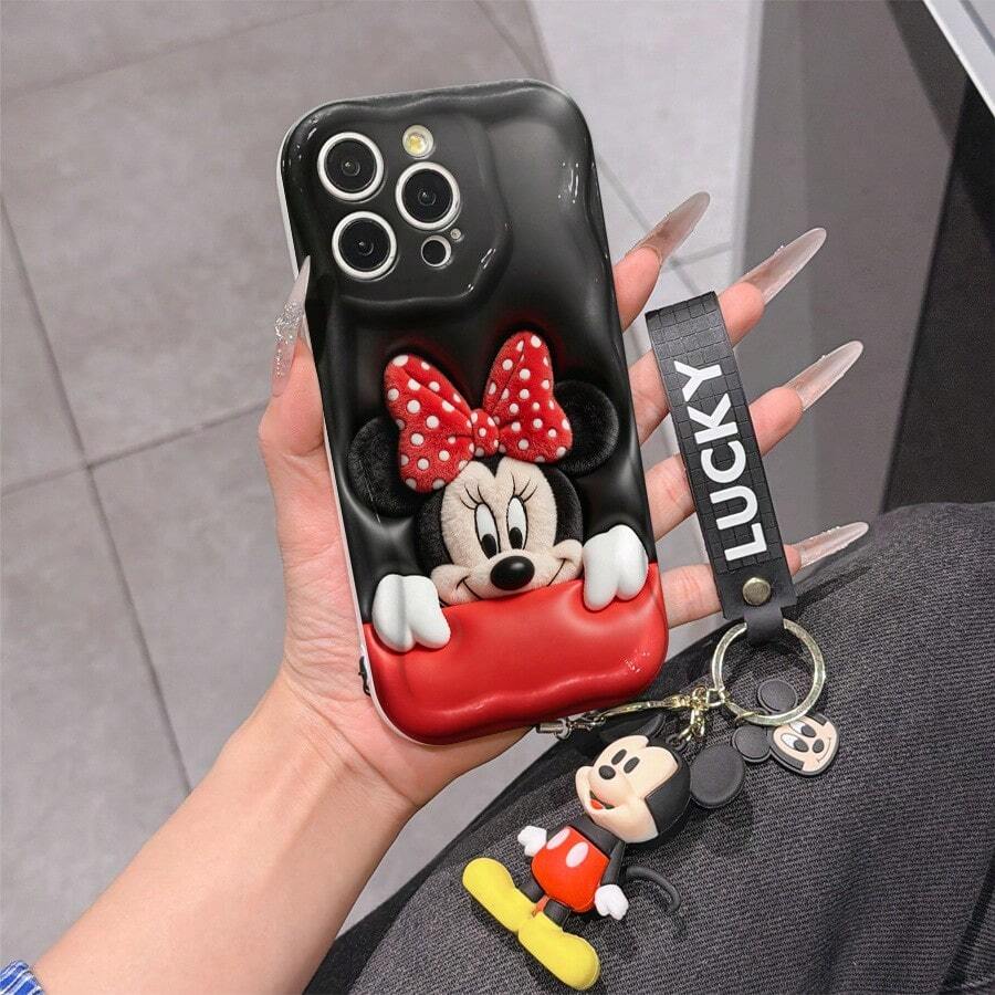 Disney Mickey Mouse Clubhouse Phone Case : 3D Fluffy Pattern Border Protector Phone Soft Phone Case With A Free Cute Mickey Bracelet Chain Lanyard, Mickey, Minnie, Goofy, Donald Duck, Daisy Duck, Pluto, For Apple 17 Promax 17 Pro 16 15 14 13 12 11 Pro Max XS Max X XR Soft Cover Summer Phone Case - trắng - Xem 1
