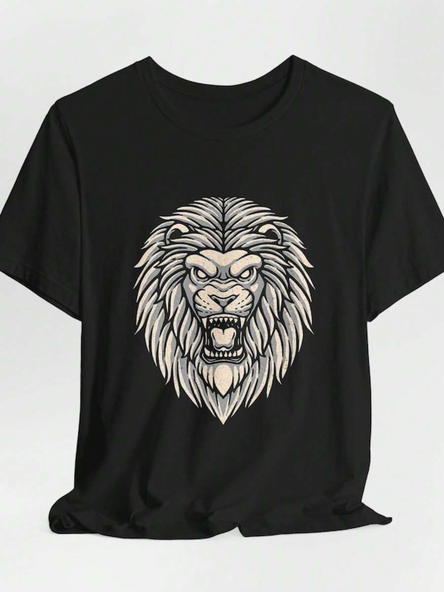 Graphic C1Lion Head T1S1Hirt Fierce Roaring Animal Design. - Hitam - View 1