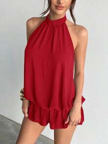 casual de verano para mujer con cuello halter, unicolor y volantes en el bajo - Rojo - Ver 6