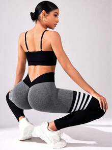 High-Waist Striped Butt-Lifting Compression Leggings | Women's Yoga, Running & Workout Tights | Seamless Athletic Quick-Dry Activewear Pants - 灰色 - 查看 6