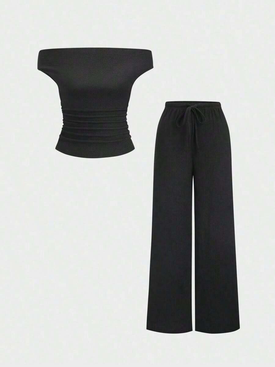 Conjunto Versátil de 2 Piezas para Mujer Sweetro: Top de Color Sólido con Hombros Descubiertos y Pantalones Anchos Casuales con Cordón Ajustable - Negro - Ver 1