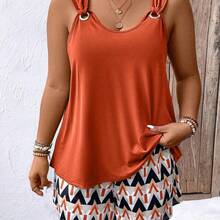 Plus Size Vacation Casual Solid Color Tank Top And Geometric Pattern Shorts 2 Pieces Set - Multicolor - Ver 5