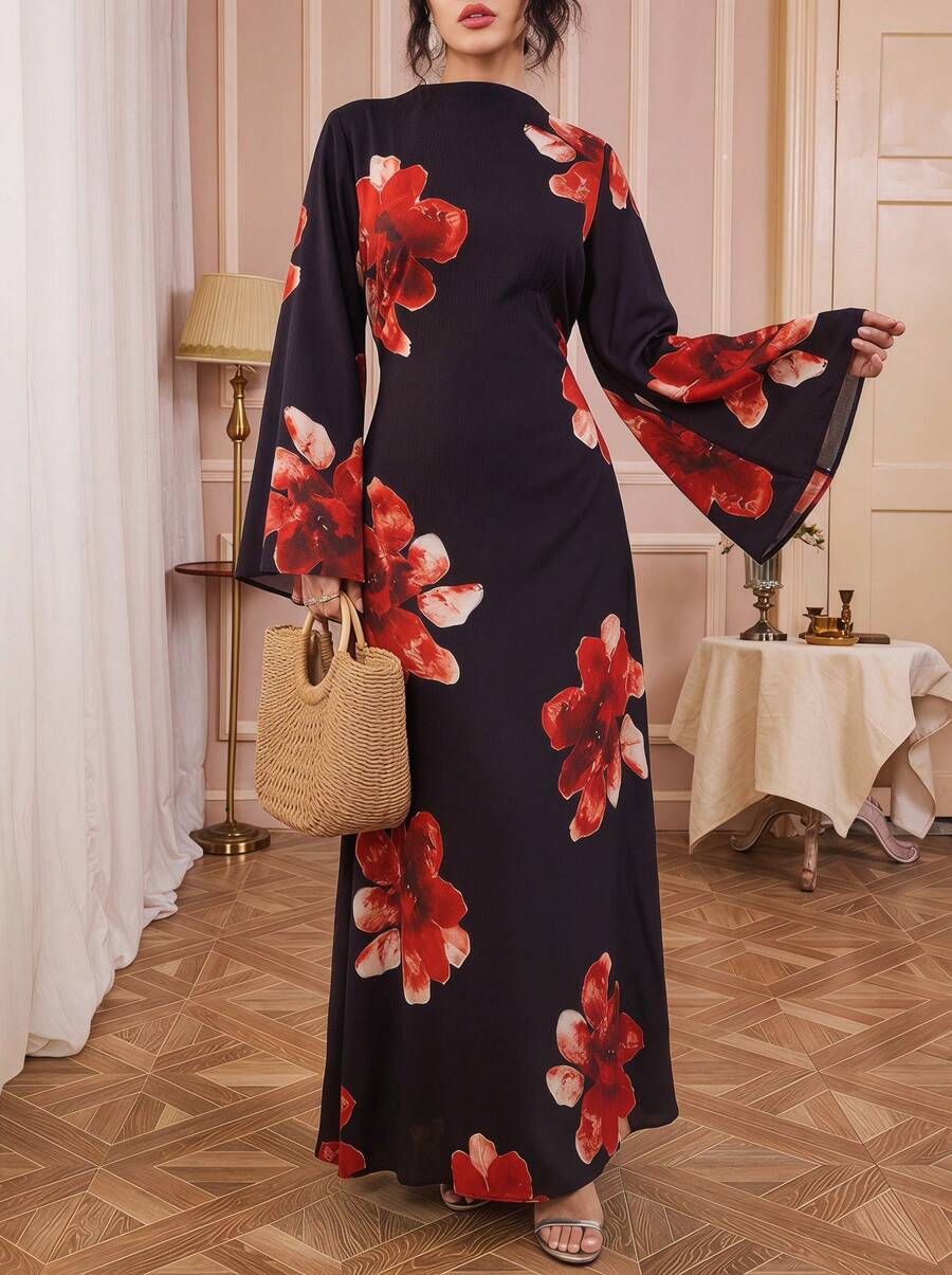 Solessence 欧洲及中东风格花卉印花腰带连衣裙，叶花印花，梭织面料，后背拉链，正式晚礼服，秋冬黑色 - 黑色 - 查看 1