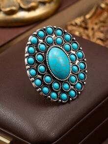 1pc Bohemian Vintage Turquoise Ring, Antique Carved Silver Plated Adjustable Open Ring, Western Accessory, Unique Design Women's Ring - Turquoise Ring - View 3