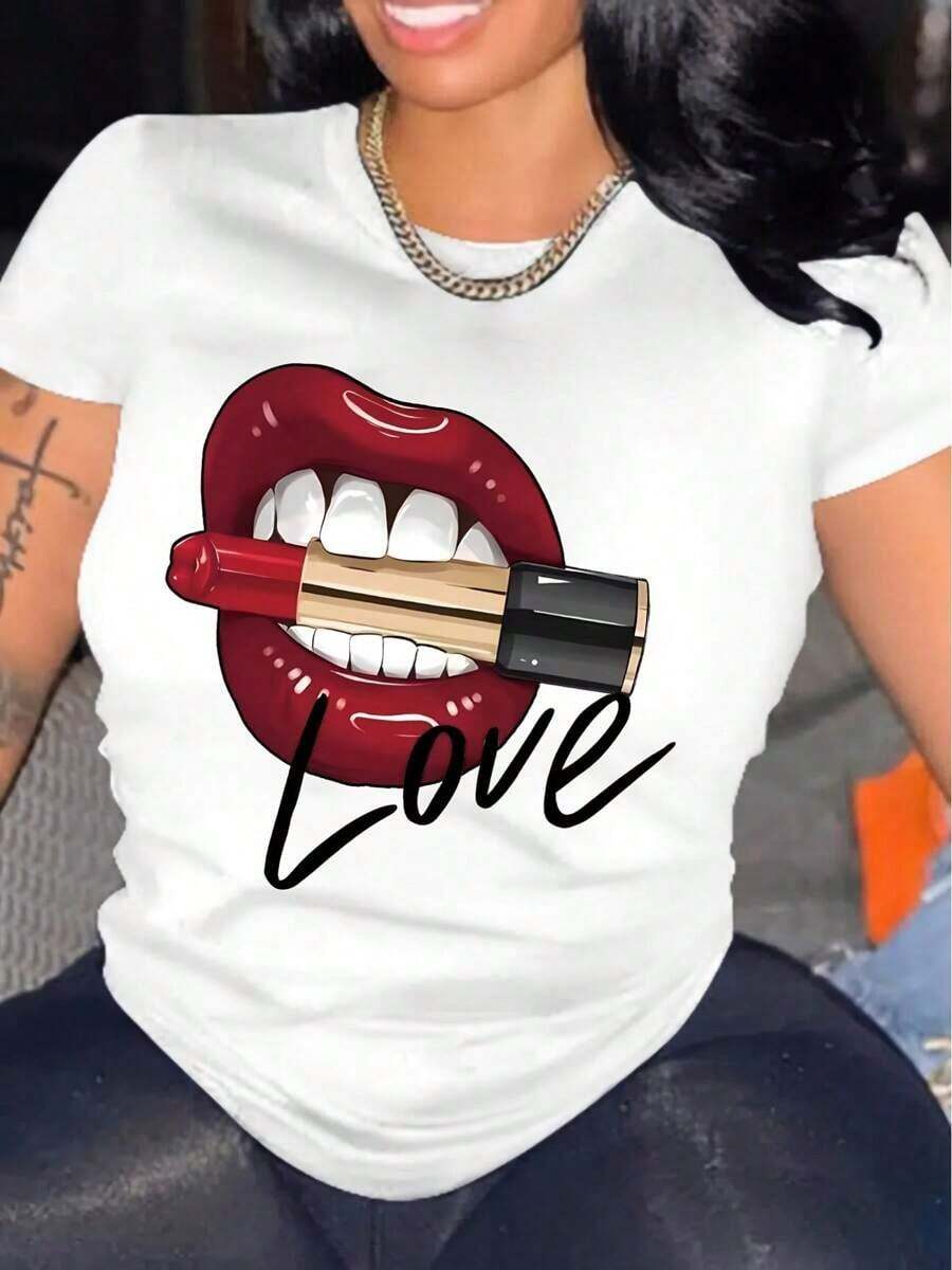 Camiseta de Manga Corta para Mujer con Estampado de Labios, Estilo Vacacional, Primavera-Verano 2024, Transpirable y Cómoda - Predeterminado 2 - Ver 1