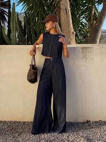 Conjunto casual de mezclilla para mujer con chaleco sin mangas de cuello redondo y abierto al frente, y pantalones vaqueros rectos y sueltos - Azul lavado oscuro - Ver 3