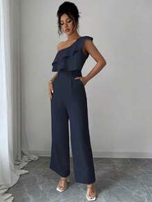 Mono de mujer con diseño casual apropiado para vacaciones de primavera/verano, adecuado para la oficina, el transporte, la playa y la hora del té de la tarde, con tirantes de espagueti, cintura con doble volante y silueta recta y suelta - Azul marino - Ver 3