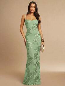 Vestido de tirantes finos maxi ajustado y elegante con diseño floral 3D en color marrón, adecuado para invitada de boda en otoño, fiesta, cóctel, noche, Navidad.Vestido maxi ceñido y con espalda descubierta, apropiado para fiesta de ot - Verde Niebla - Ver 3