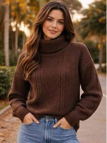 Women's High Neck Knit Sweater - Comfort And Style For Winter - Coffee Brown - View 1