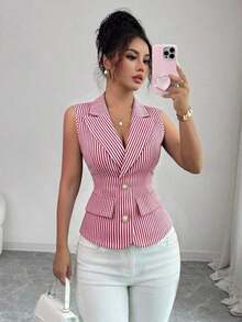 Blazer delgado y versátil de mujer con solapa, botones frontales y sin mangas a rayas - Rojo - Ver 2