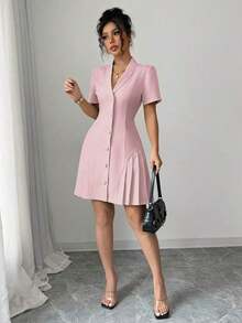 Vestido elegante y casual de verano con cuello reversible, decoración de botones, cintura ceñida, volantes y manga corta, en color liso, para primavera/verano - Rosa - Ver 7