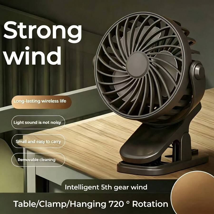 Portable Fan With Clip, USB Rechargeable Clip-On Fan, Type-C Charging Port, Compact And Portable Design, Very Suitable For Summer And Outdoor Use, Perfect Companion For Office, Outdoor, Travel And Camping Adventures - Black - View 1