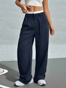 Pantalones anchos de mujer con pliegues y rayas, con cintura de bloques de color para otoño/invierno - Azul marino - Ver 3