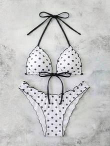 Conjunto de bikini de dos piezas con estampado de lunares, camiseta con lazo sexy y traje de baño para vacaciones en la playa para mujer - Blanco y Negro - Ver 8