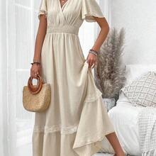 V-Neck Ruffle Sleeve Solid Color Vacation Style Spring/Summer Dress Maxi Women Outfit - Color caoba - Ver 3