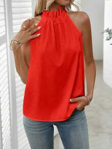 Blusa plisada de unicolor, versátil y casual para uso diario - Rojo - Ver 3