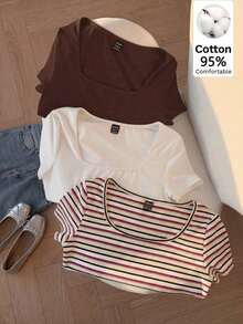 3 piezas de camisetas cortas básicas de cuello redondo y cortas para mujer en marrón café y blanco, ropa de otoño - Multicolor 4 - Ver 7