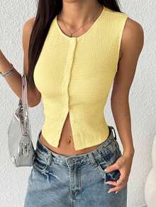 Blusa sin mangas casual con textura de un solo color y botones delanteros - Amarillo - Ver 4