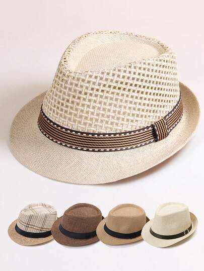 1 pieza Sombrero de paja para hombre, sombrero de verano transpirable tejido, protección solar versátil, estilo británico fedora, sombrero de vaquero elegante de moda