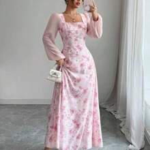 Women's Printed Square Neck Long Sleeve Elegant Summer Dress - Rosa - Ver 1