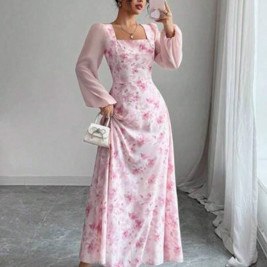 Women's Printed Square Neck Long Sleeve Elegant Summer Dress - Rosa - Ver 1