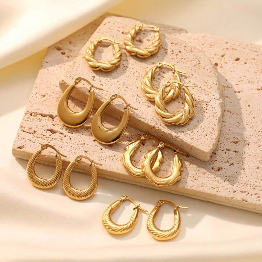 24 Stück/Set Edelstahl goldene U-förmige verdrehte Creolen, modisch & vielseitig, geeignet für den täglichen Gebrauch und Partys, perfekt als Valentinstags-Geschenk - Verschiedenfarbig - Übersicht 1