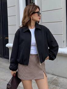 Chaqueta Beige con Cierre y Bolsillos para Mujer - Ropa Exterior Casual de Corte Holgado, Adecuada para Primavera y Otoño ZE3Q - Negro - Ver 2