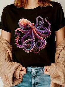Summer And Spring, Casual Black Short-Sleeved T-Shirt With Colorful Octopus Print, Lightweight Polyester Fabric, Suitable For Casual Wear, Crew Neck T-Shirt. | Short-Sleeved Shirt - 黑色 - 查看 1
