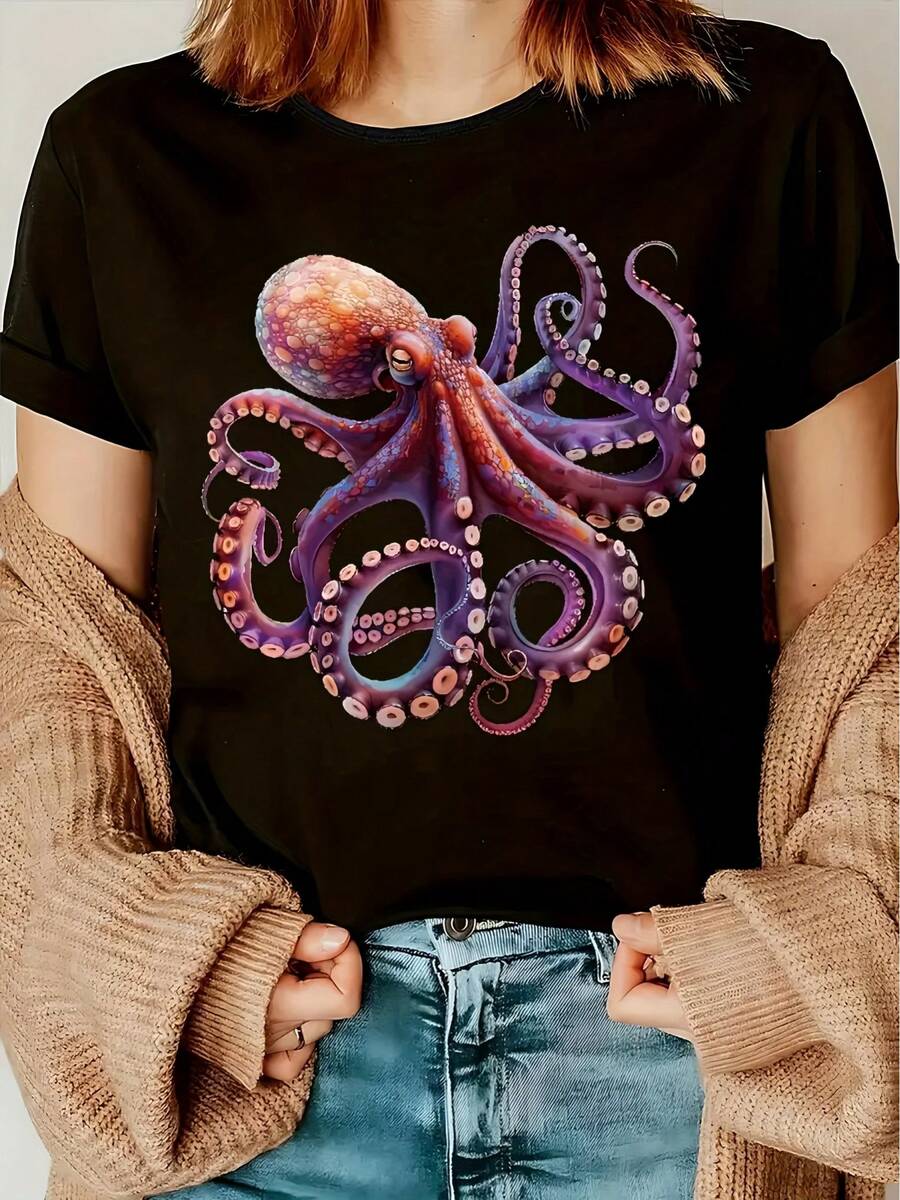 Summer And Spring, Casual Black Short-Sleeved T-Shirt With Colorful Octopus Print, Lightweight Polyester Fabric, Suitable For Casual Wear, Crew Neck T-Shirt. | Short-Sleeved Shirt - 黑色 - 查看 1