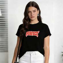 Ropa de Verano para Mujer, Camiseta Casual de Algodón Suave con Cuello Redondo, Estampado PERFECT con Letras Rojas. Color negro. - Negro - Ver 3