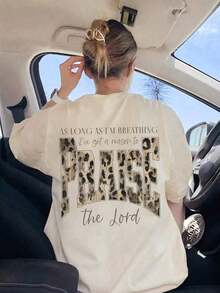 Camiseta con Estampado de Leopardo "Alabado Sea El Señor", Camiseta Cristiana Casual de Cuello Redondo y Manga Corta para Mujer, Tela Suave de Verano - Albaricoque claro - Ver 1