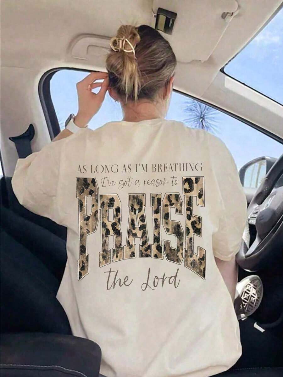Camiseta con Estampado de Leopardo "Alabado Sea El Señor", Camiseta Cristiana Casual de Cuello Redondo y Manga Corta para Mujer, Tela Suave de Verano - Albaricoque claro - Ver 1