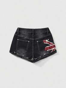 Grunge Punk Shorts vaqueros de cintura baja con estampado de bandera nacional de estilo vintage Y2K sexy para mujeres, para conciertos y festivales de verano - Negro - Ver 2