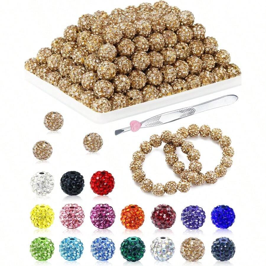 120PCS Rhinestone Beads For Jewelry Making, 10mm Light Brown Shiny Round Sparkle Crystal Clay Bead Bulk Sparkly Baseball Necklace Beads For Bracelets And Adult DIY Crafts - Light Brown - View 1