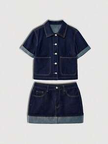Maija Conjunto casual de blusa de manga corta de un solo pecho y falda de mezclilla para mujer - Azul lavado oscuro - Ver 4