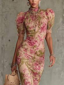 Women's New Summer Floral Print Series High Neck Puff Sleeve Midi Dress Elegant French Style Lightweight Breathable Fabric Perfect For Daily Vacation Wear - 印花1 - 查看 2