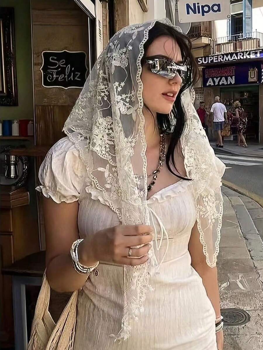 1件装女士纯色优雅蕾丝花卉头巾,奢华波西米亚风头巾/披肩,适合日常佩戴、婚礼、教堂礼拜、正式场合、夏季海滩度假 - 杏色 - 查看 1