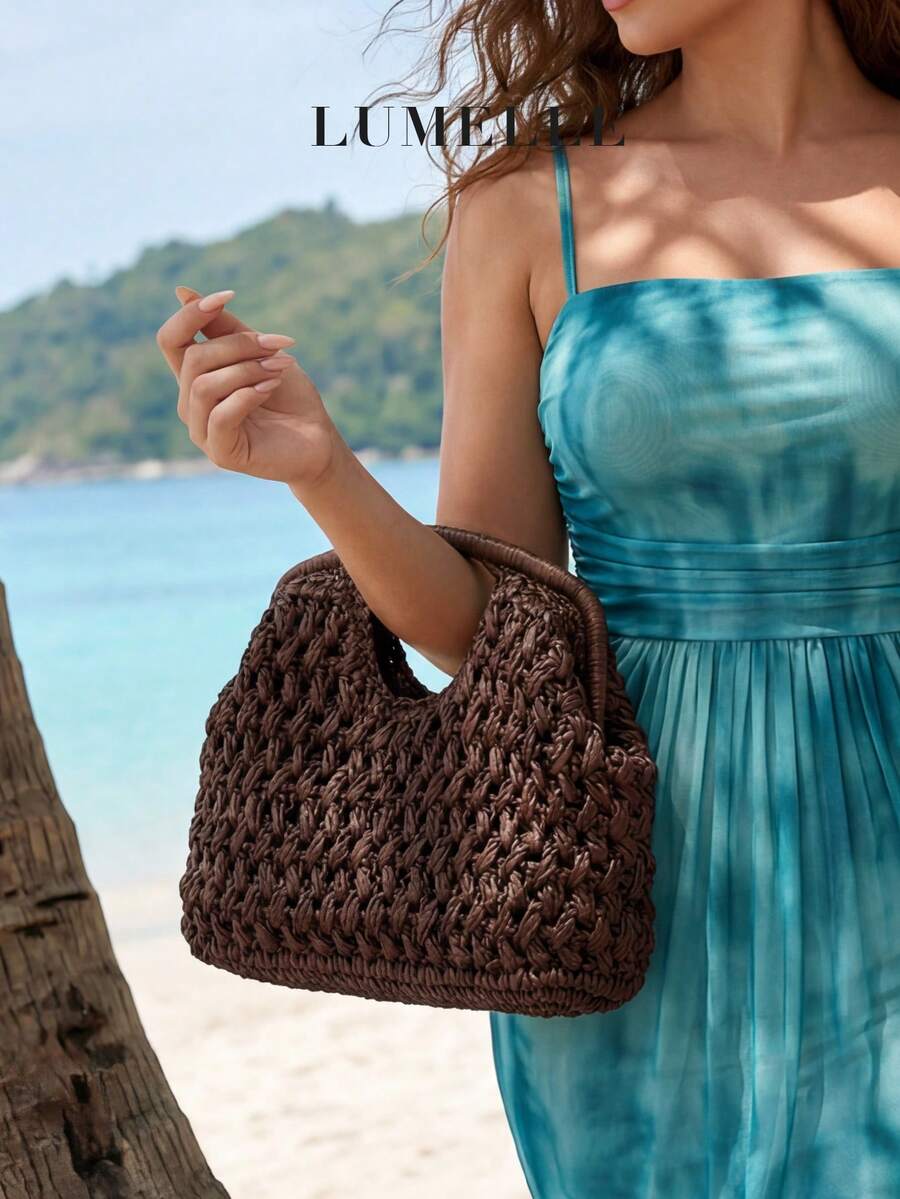 Túi đeo vai bằng rơm dệt màu nâu dành cho nữ, kiểu dáng Bohemian với các đường khoét rỗng, nhẹ nhàng và thời trang, thích hợp cho đi biển/du lịch/sử dụng hàng ngày. - Cà phê nâu - Xem 1