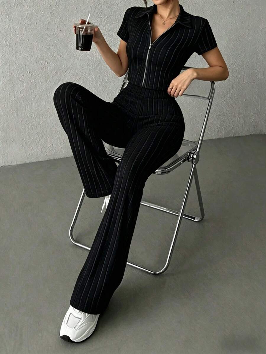 KKONE Two-Piece Set: Plain Color Crop Top And Bell Leg Pants - Black - View 1