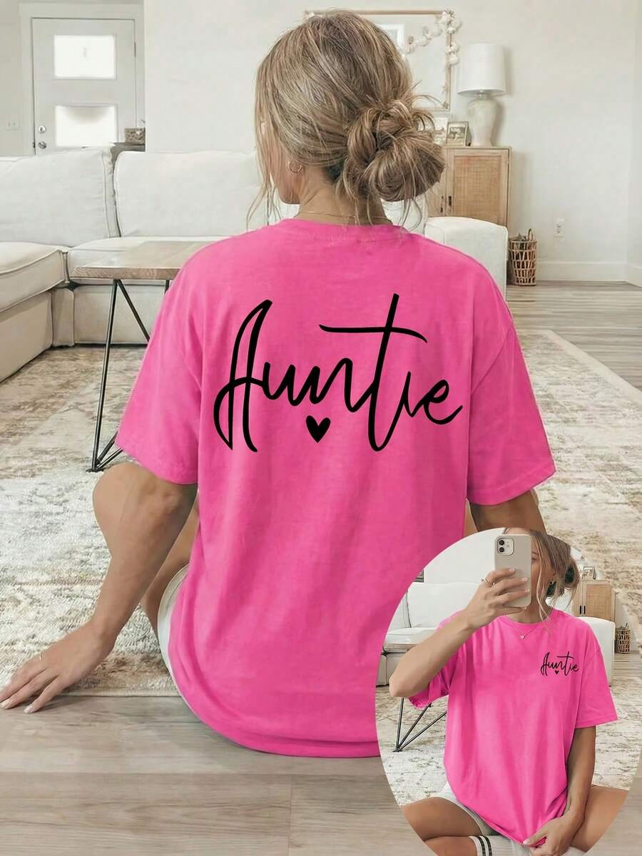 Women's T-Shirt With Double-Sided Front/Back Print - Short Sleeve, Round Neck, Casual Style, Suitable For Casual Wear, Machine Washable, With "Auntie" And Heart Print, Non-Blouse Style For Layering Or Wearing As A Top, 100% Cotton - 玫紅色 - 查看 1