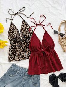 WYWH 2 piezas Camiseta sin espalda con escote en V y tirantes con estampado de leopardo sexy, adecuada para vacaciones, citas, té de la tarde, vacaciones, festivales de música, estilo bohemio - Burdeos - Ver 8