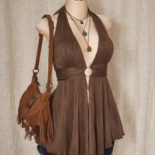 ICON Plus Size Y2K Style Hollow Out Asymmetrical Hem Babydoll Halter Neck Knit Camisole, Summer Tops - Multicolor - Ver 4