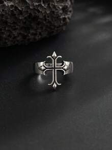 1 pieza Anillo de cruz gótico, anillo ajustable de estilo punk vintage desgastado de plata asimétrica, accesorio de moda callejera para hombres - Plata antigua - Ver 2