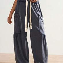 BohoFeels Plus Size Drawstring Waist Loose Pocket Wide Leg Pants - Morado - Ver 5