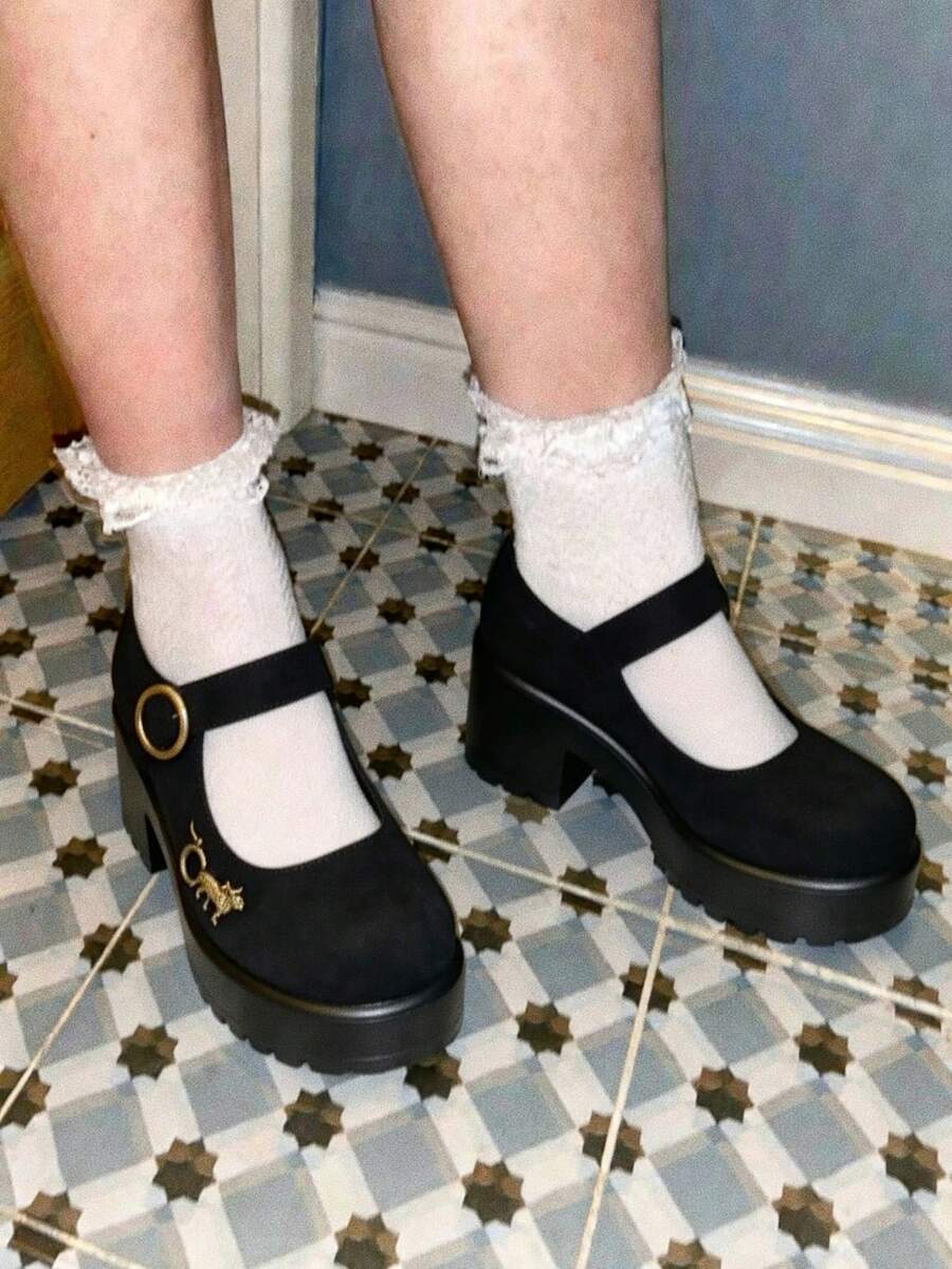 Fashion Vintage Women's Mary Jane Shoes Round Toe Buckle Strap Metal Decors Platform Block Mid Heel Zapatos De Mujer Tacones Daily Heeled Shoes - 黑色 - 查看 1
