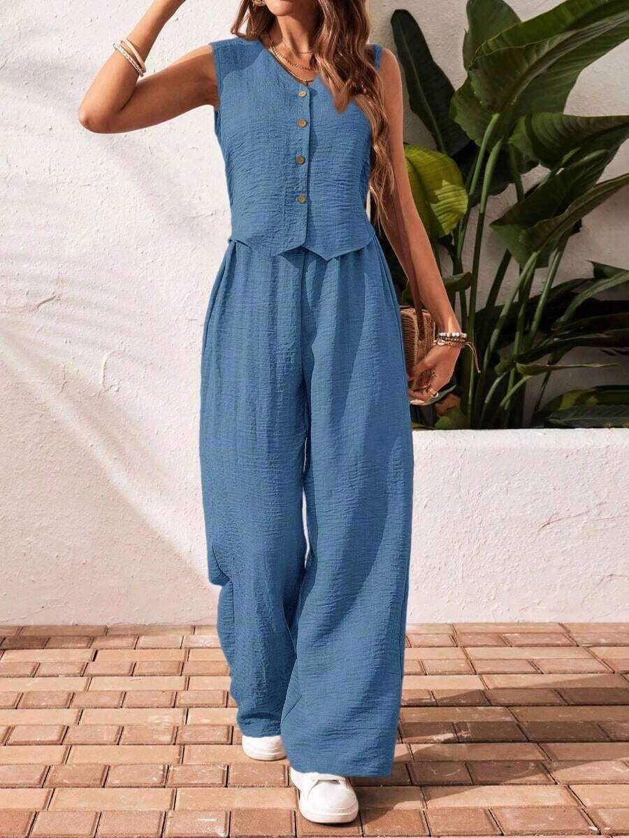 Frenchy Set de 2 piezas para mujer de top sin mangas y pantalones de estilo casual con un solo botón, para verano - Agua verde azul - Ver 1