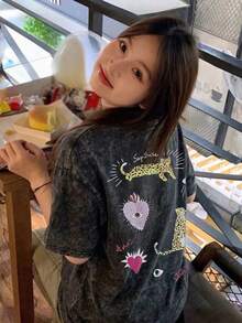Summer New Z-Gen Y2K Girls Leopard & Heart Print Round Neck Short Sleeve T-Shirt Casual Black - Black - View 5