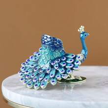 SUSUZUKU 1pc New Peacock Feather Jewelry Box, Enameled & Studded With Diamonds, Peacock Jewelry Box For Home Decor, Metal Craft, Peacock Feather Jewelry Box For Entryway, Tabletop Decorative Box, Ring Storage Box - Peacock - View 5